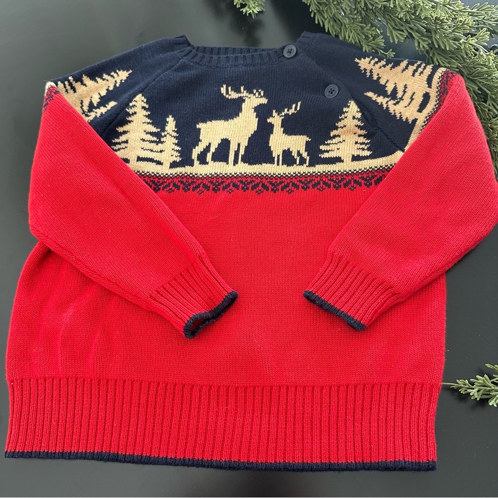 Janie and Jack Red and Navy Deer Sweater